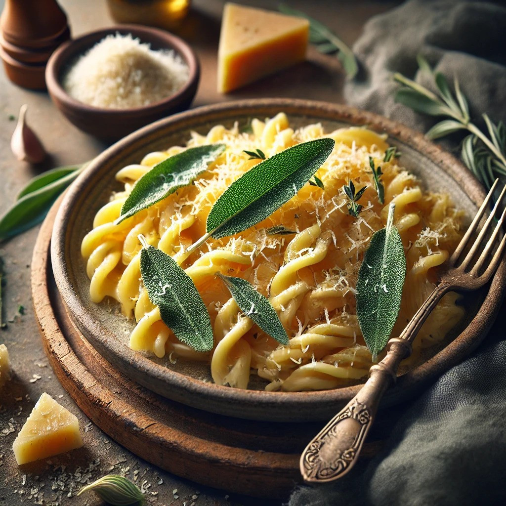 Krožnik sveže pripravljenih testenin z listi žajblja in naribanim parmezanom, postrežen v toplini doma.